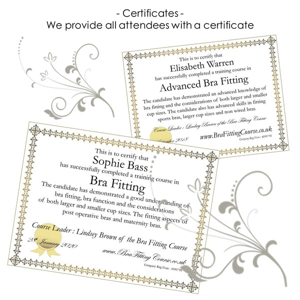 Bra Fitting Course Certificates after  attending a bra fitting course