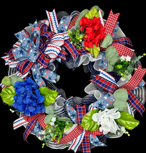 4th of July Patriotic Hydrangea Wreath, Red, White & Blue Wreath, 4th of July Wreath, Independence Day Wreath, Handmade Front Door Patriotic Wreath - Wreaths By Runco - Patriotic Wreaths For Front Door
