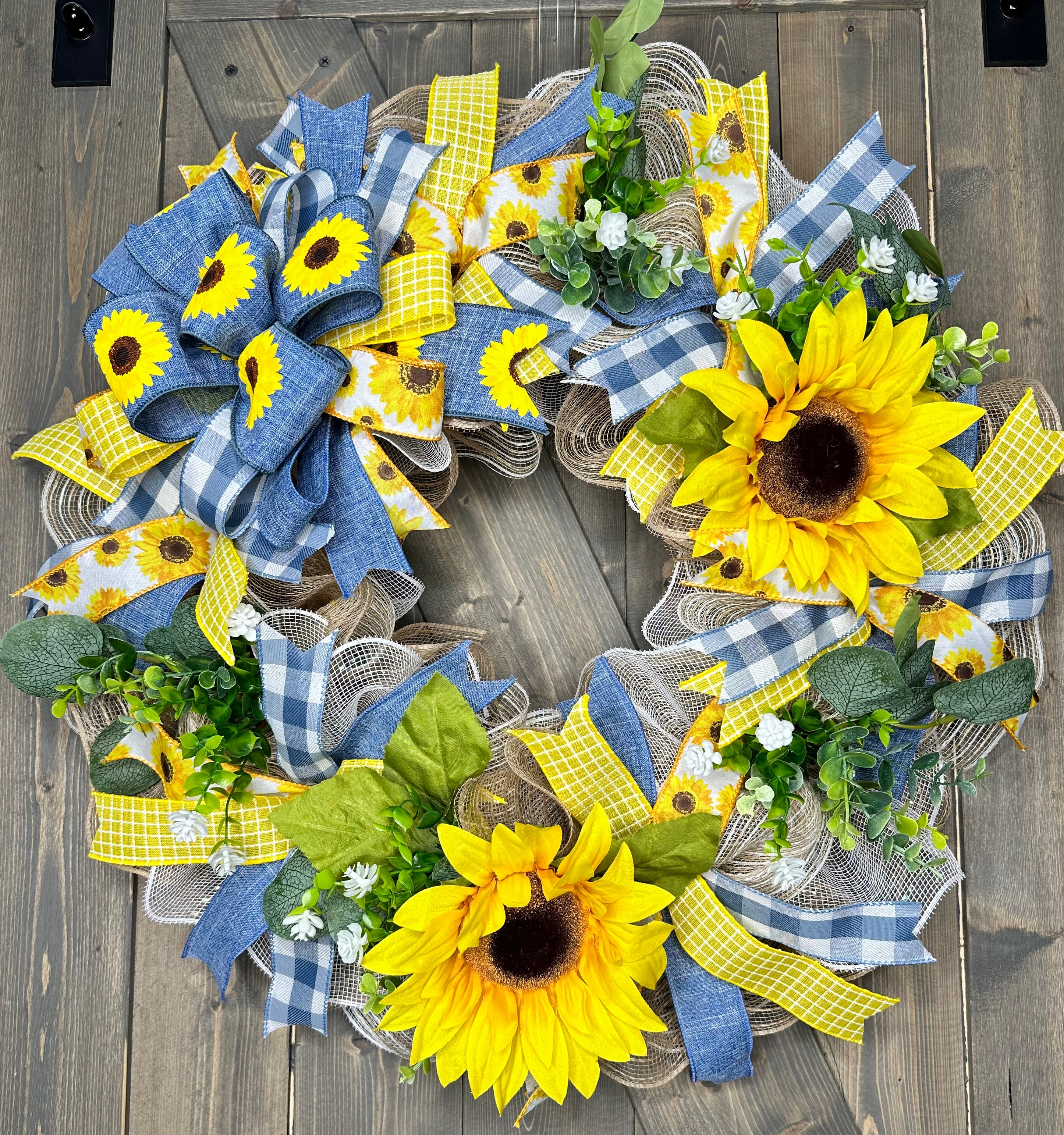 Sunflower Denim Spring and Summer Front Door Handmade Deco Mesh Wreath