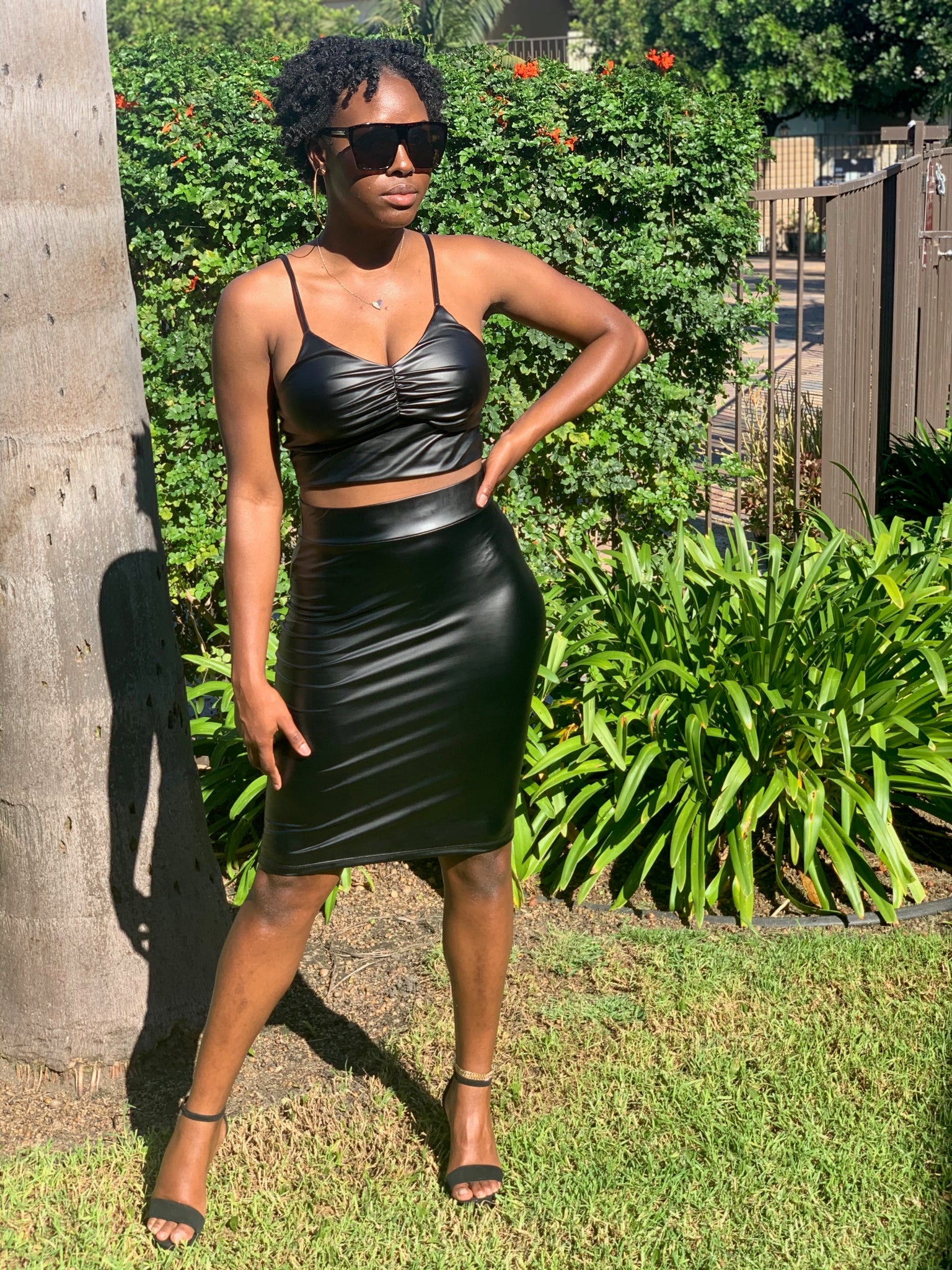 black leather skirt set