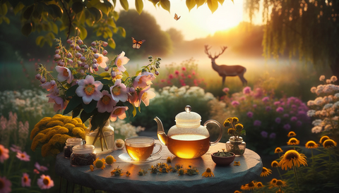 tea sitting on a table with a deer