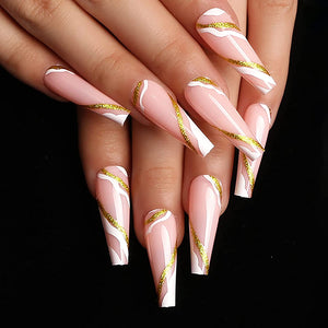 Pink & Gold Swirls 24 Pcs Coffin Shape Long Press-On Nails
