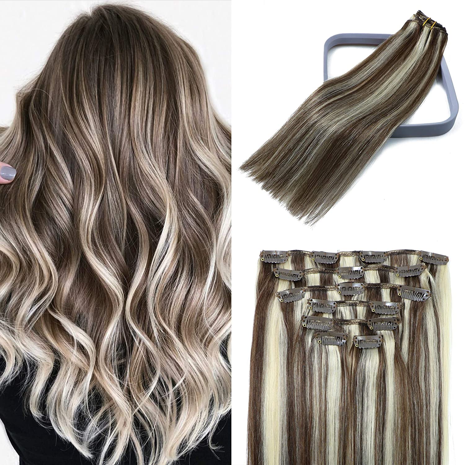 Caramel Blonde With Brown Highlights Human Hair Clip-in Hair Extension –  Bella Chic Hair & Beauty