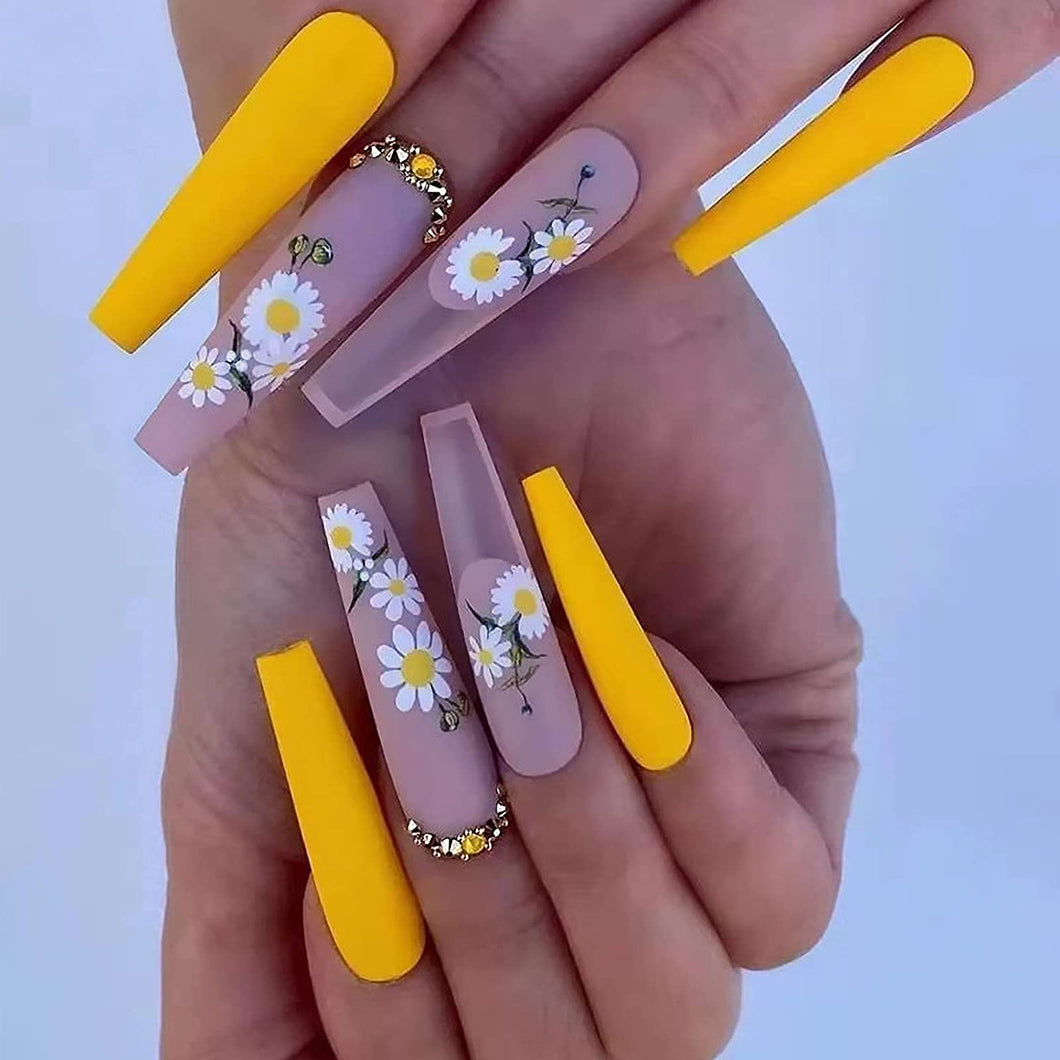 Pink & Yellow Extra Long Coffin Shape Daisy Press On Nails