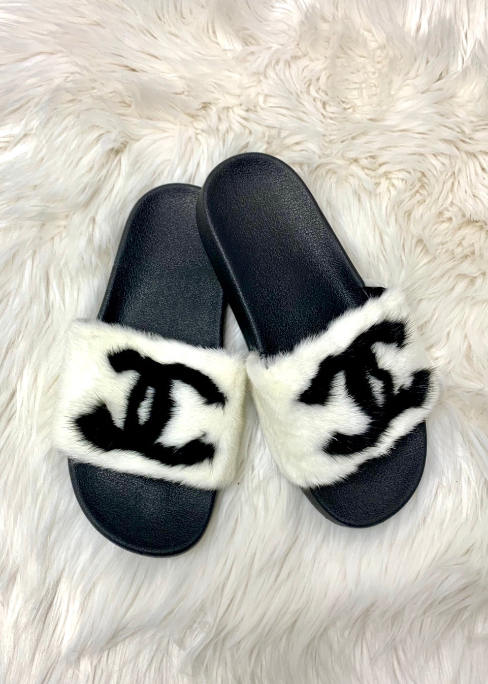 chanel inspired fur slides