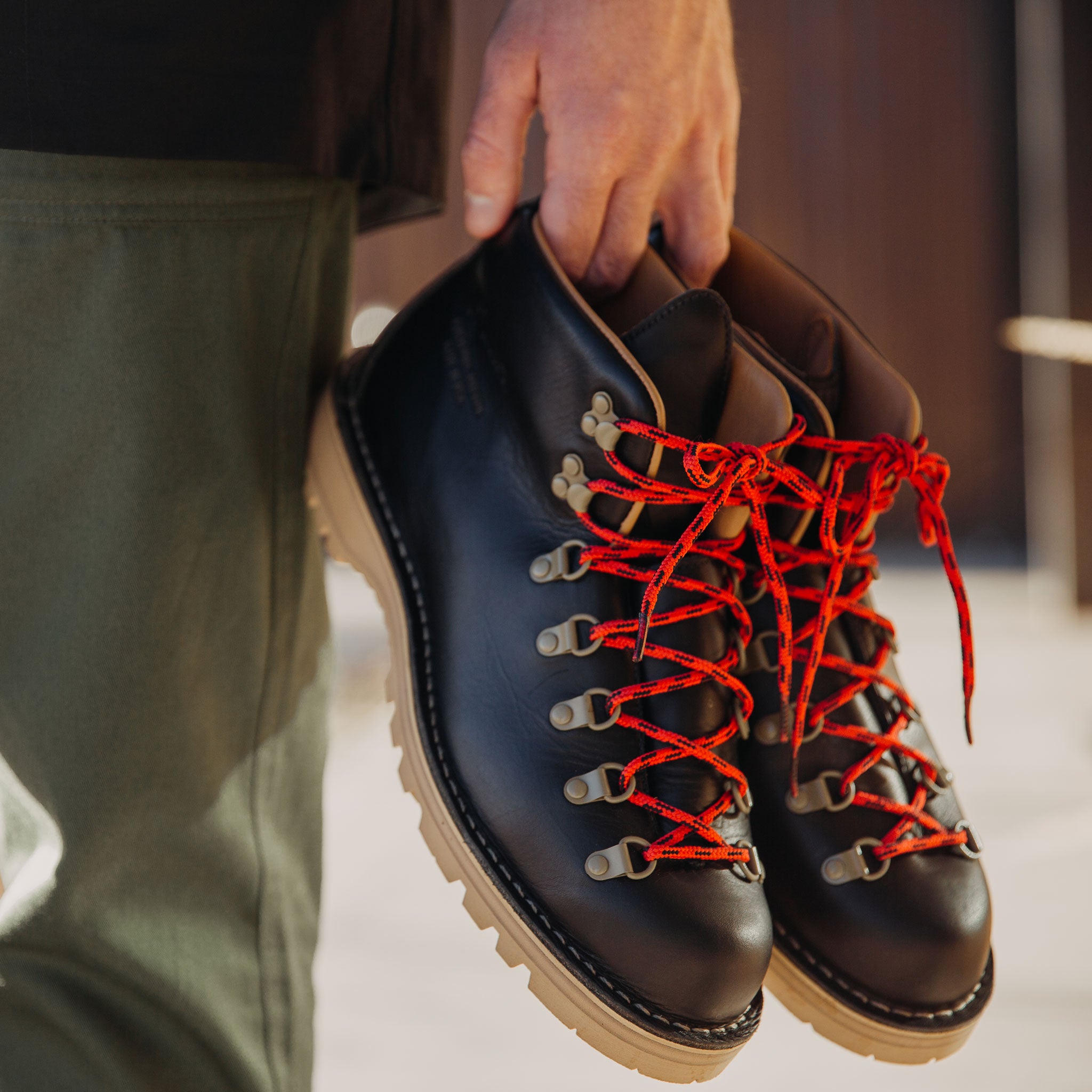 leather hiking boots with red laces