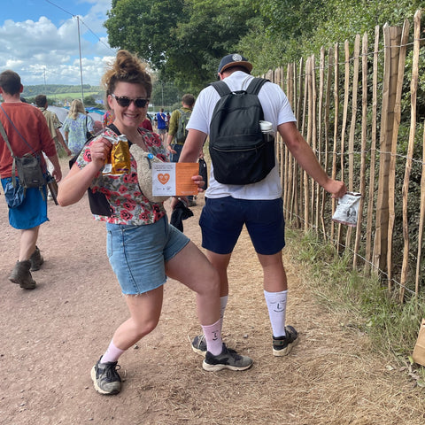 Campers wearing Leiho bamboo socks at Glastonbury