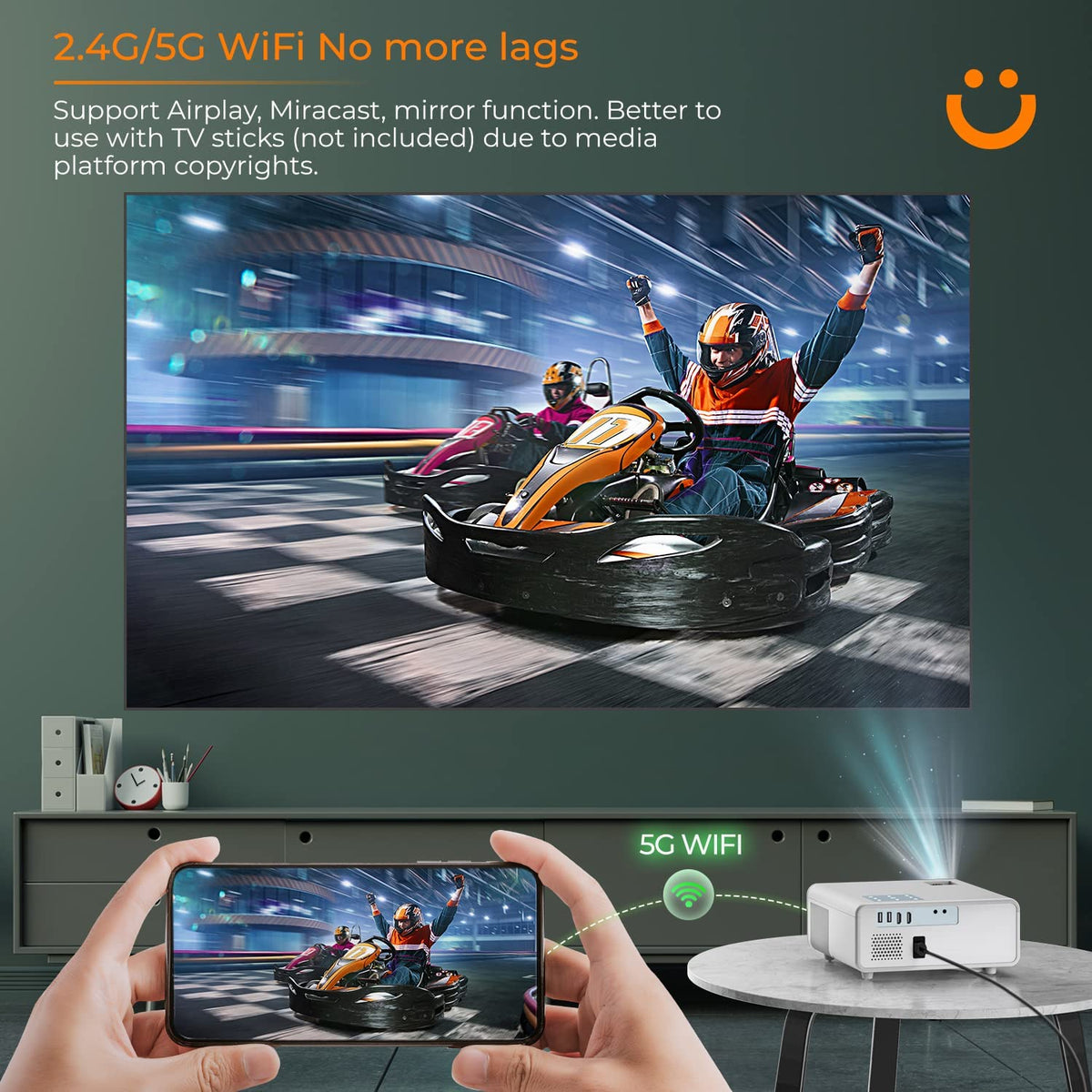 Adopting advanced 5G WiFi, the transmission speed is three times faster than projectors with 2.4G WiFi in the market. Say goodbye to transmission latency,