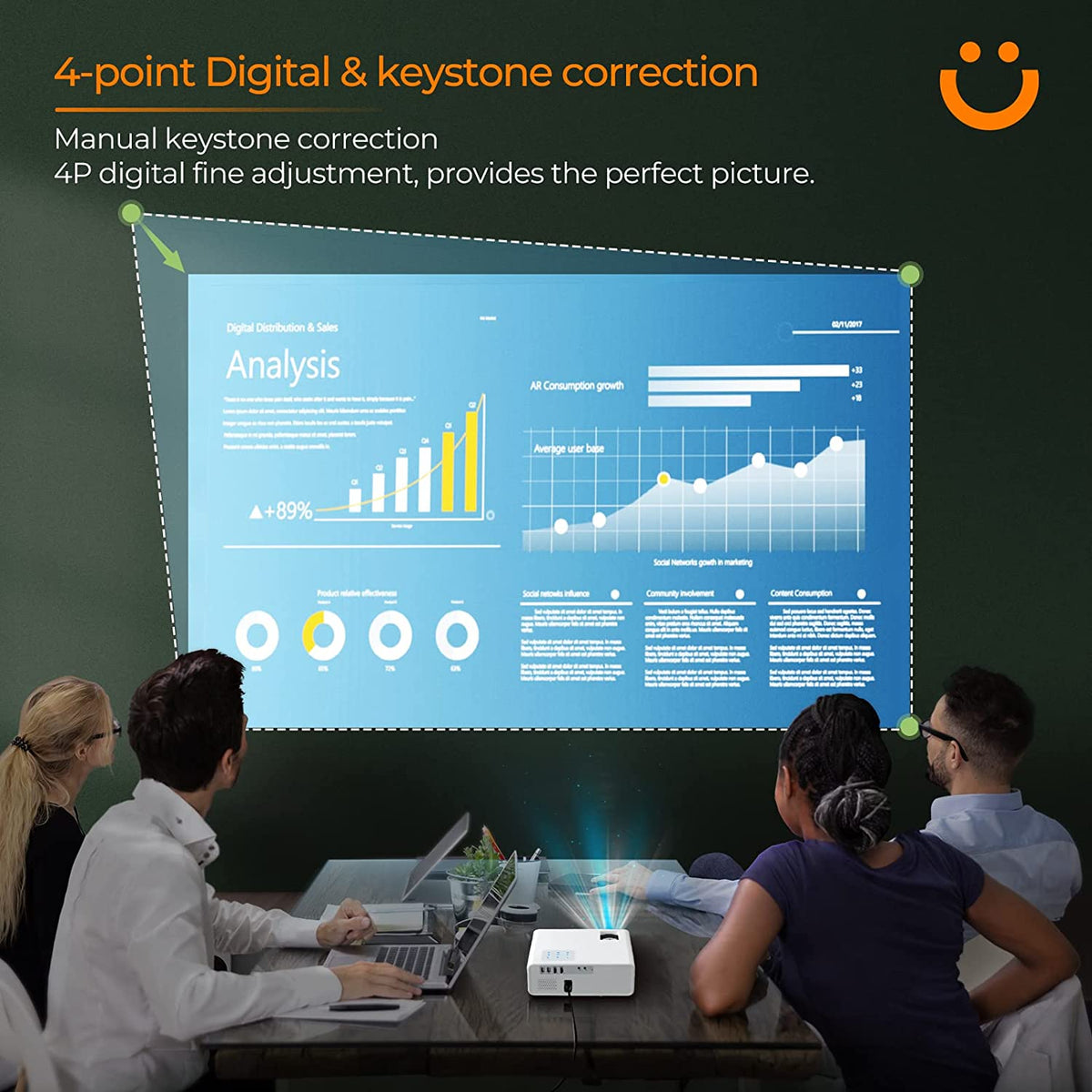 4D keystone correction can not only adjust the vertical and horizontal directions, but also adjust the four points and four sides of the image separately.