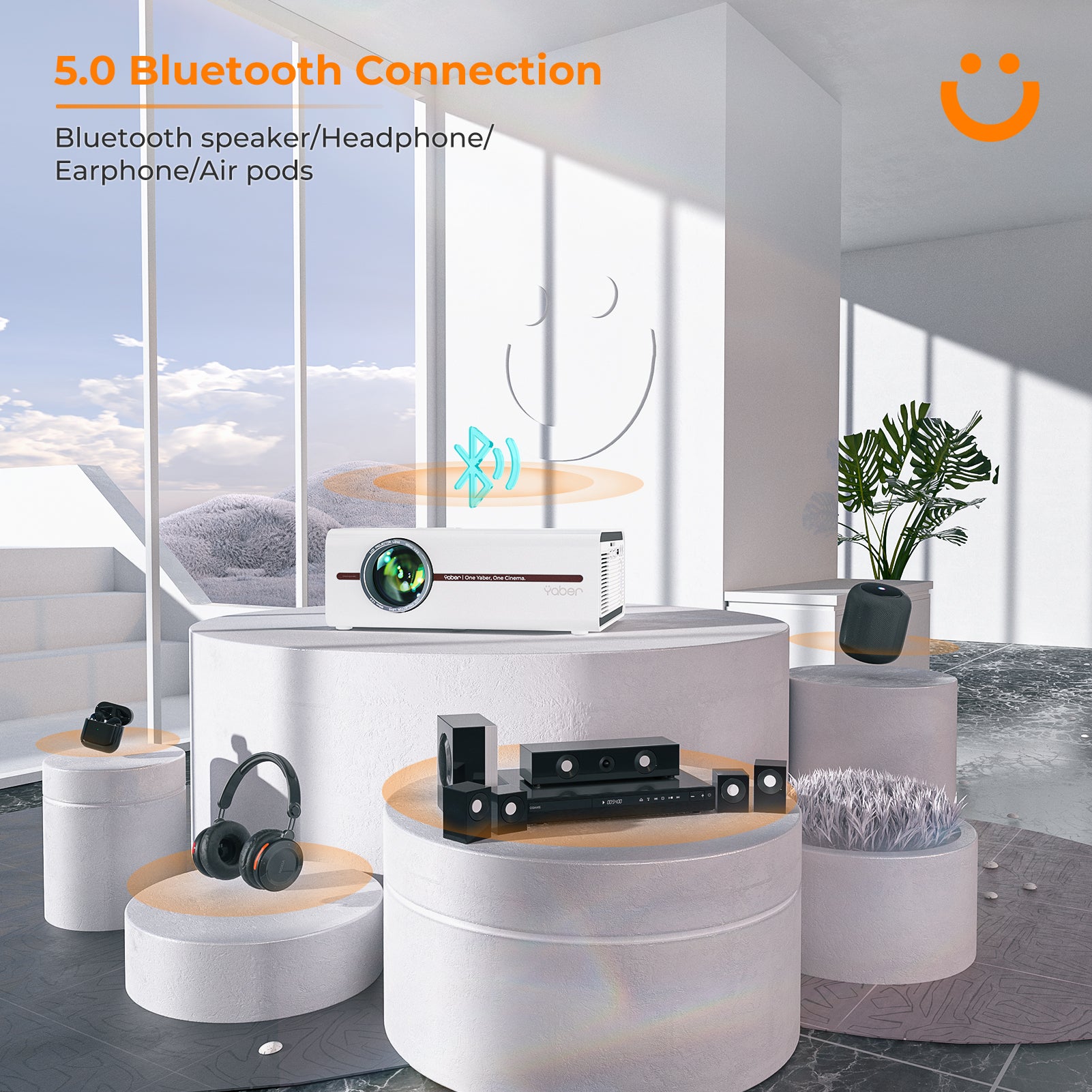 V5 portable projector built-in the newest Bluetooth chip which can easily connect bluetooth, headphones, or other audio equipment. With 5W Hi-Fi stereo surround dual speakers, whether using it indoors or outdoors, the powerful speakers give you an immersive experience.