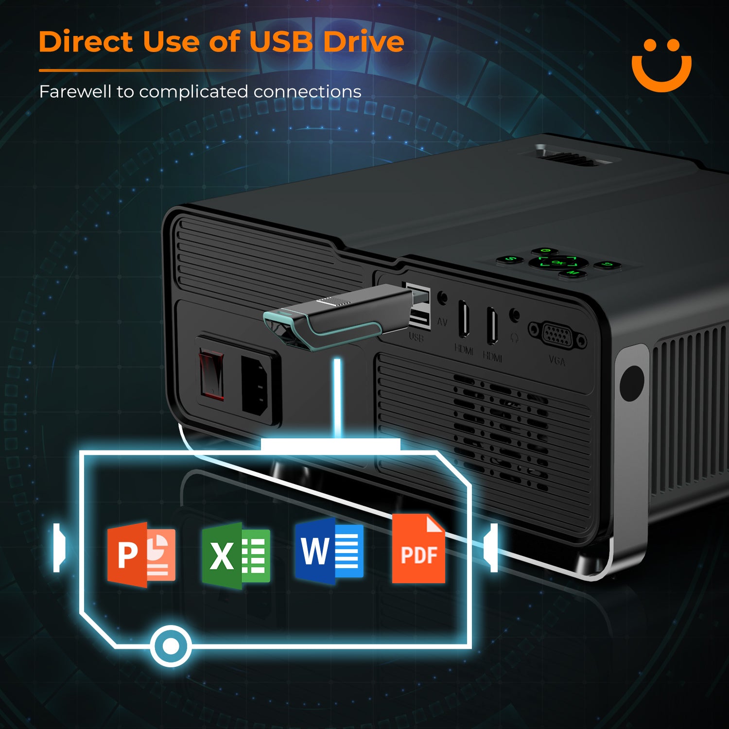 V10 can play Microsoft Office/ Adobe PDF /video files directly from the U disk and display them on the projector. Suitable for small meetings, farewell to complicated connections, V10 is apparently more efficient and time-saving!