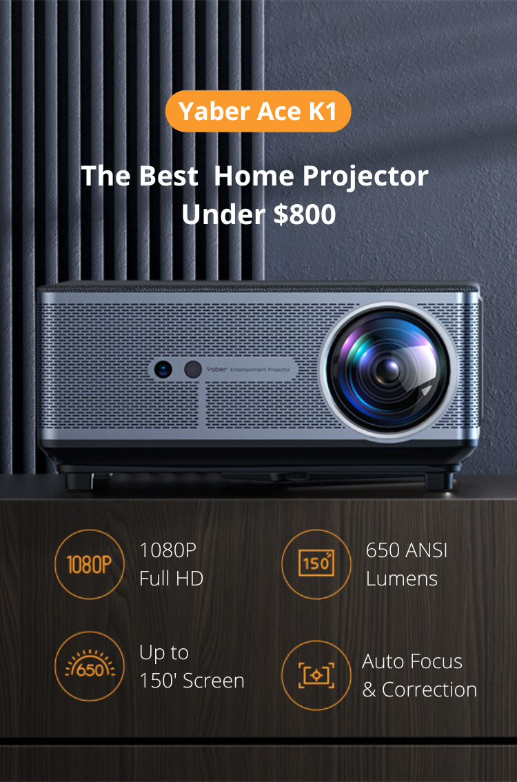 The Best Home Projector Under 800$ -  Yaber Ace K1 stands on a desk, with its key feature icons.
