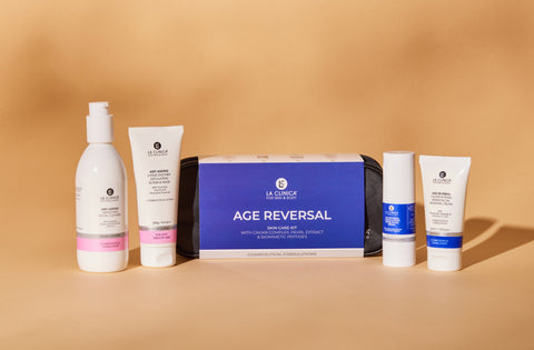 black and blue kit bag with 4 skincare products