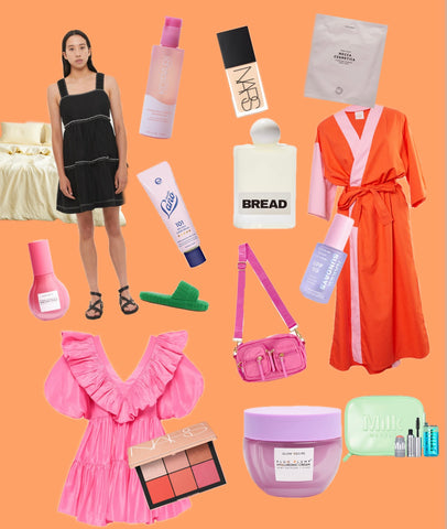 peach background collage of pink-toned items such as dresses, cosmetics bags