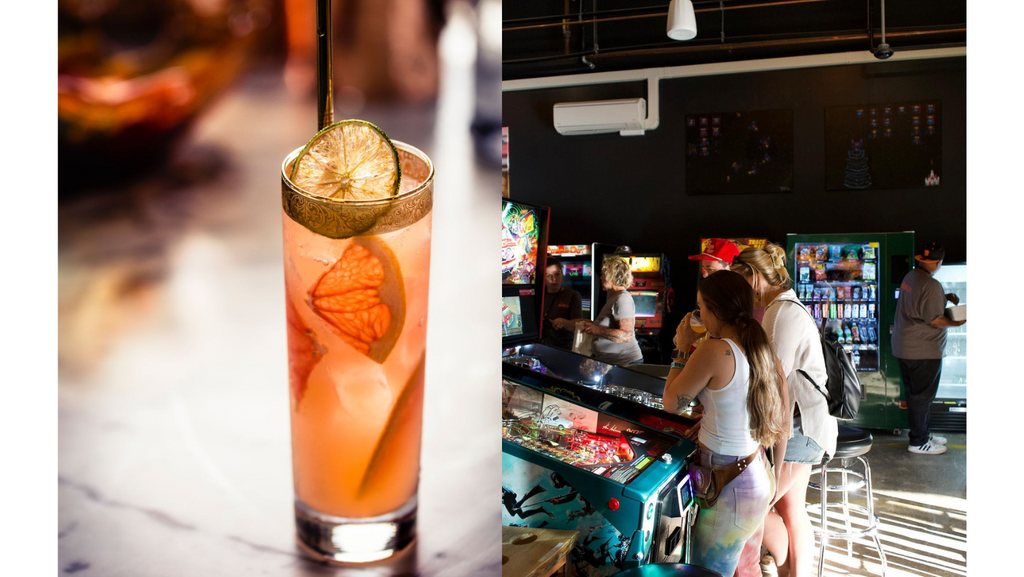 two side by side photos of a guara cocktail at fernbar and two women playing a pinball machine at the rewind arcade