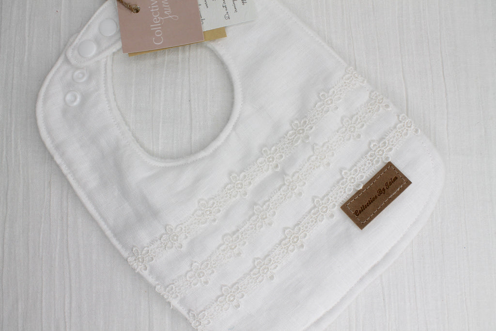 White Linen Daisy Chain Lace Bib with Cotton Velour Backing