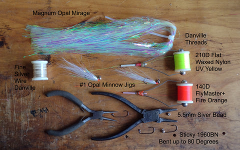 Materials, tools for simple Opal Minnow Jig or Fly Pattern