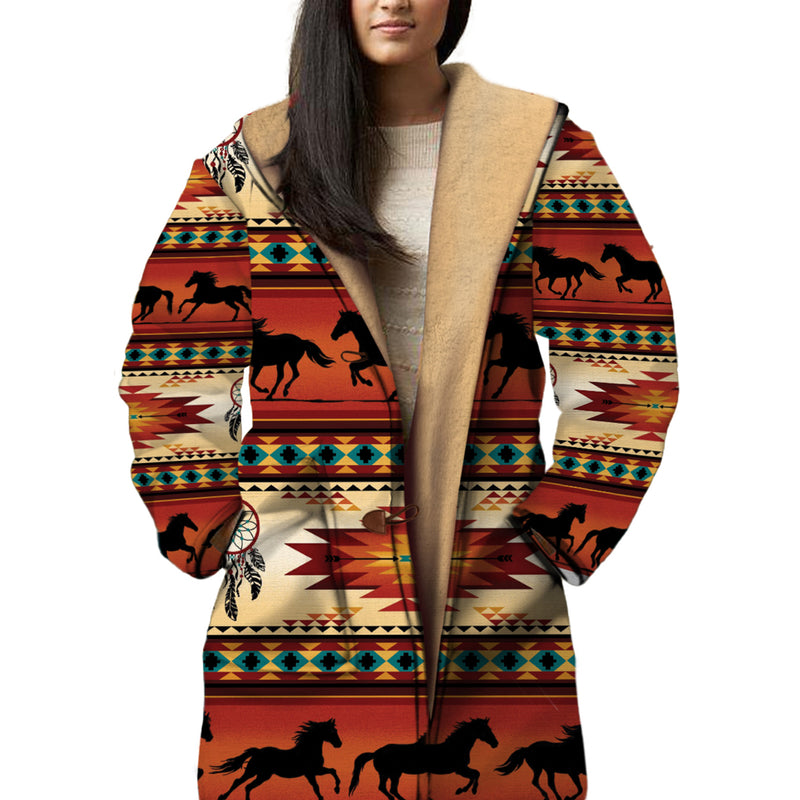 Native American Horses Pattern Horn Button Long Fleece Windbreaker