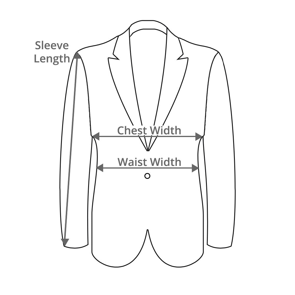 Measurement guide for the front of a dinner jacket, including the sleeve length, chest width and waist width