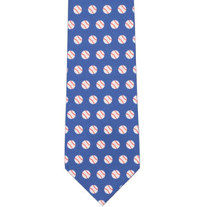 The front view of a blue tie with baseballs all over it