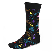Load image into Gallery viewer, Men&#39;s colorful neon electric guitar theme socks on black background