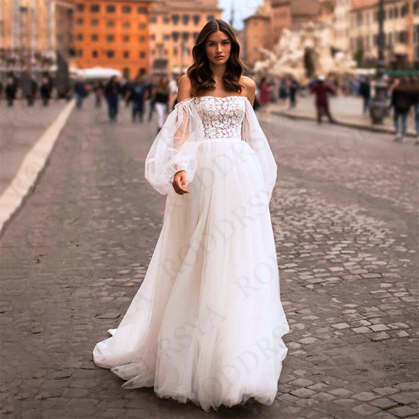 Bohemian Wedding Dress-Lace Puff Sleeve Bridal Gown