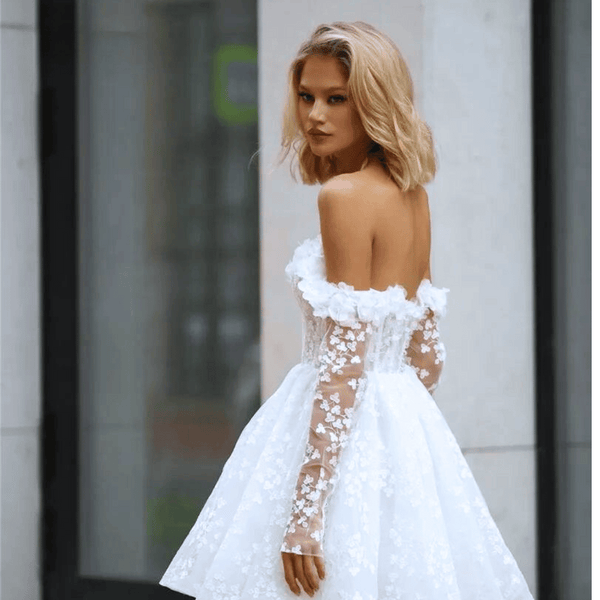 Short Wedding Dress-Long Sleeve Lace Bridal Dress