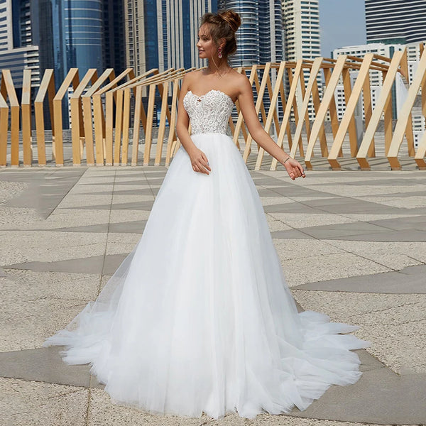 Bohemian A Line Strapless Backless Beach Wedding Dress