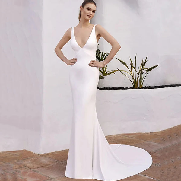 Deep V-Neck Mermaid Sleeveless Wedding Dress