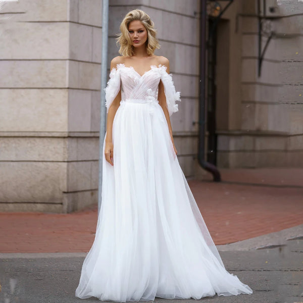 Off the Shoulder Wedding Dress-A Line V Neck Lace Bridal Gown