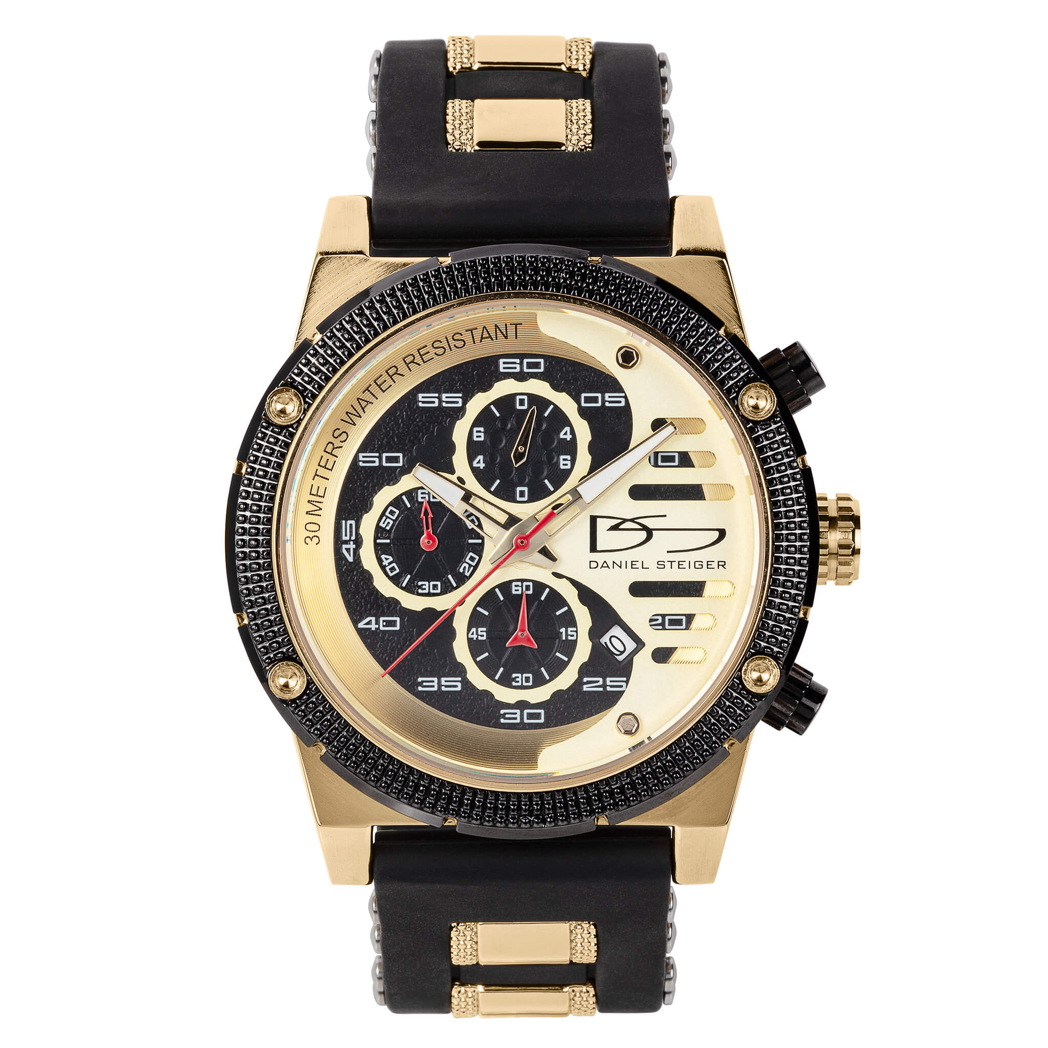 Renegade x Gold Men's Watch Men's Comfortable Black Silicone Band, Gold Case, Precision Quartz Movement, Split-Second Chronograph, Daniel Steiger