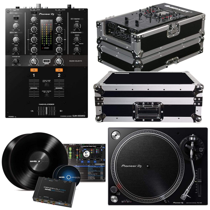 Pioneer DJ DJM-250MK2 DJ Mixer with PLX-500K Turntable and Denon