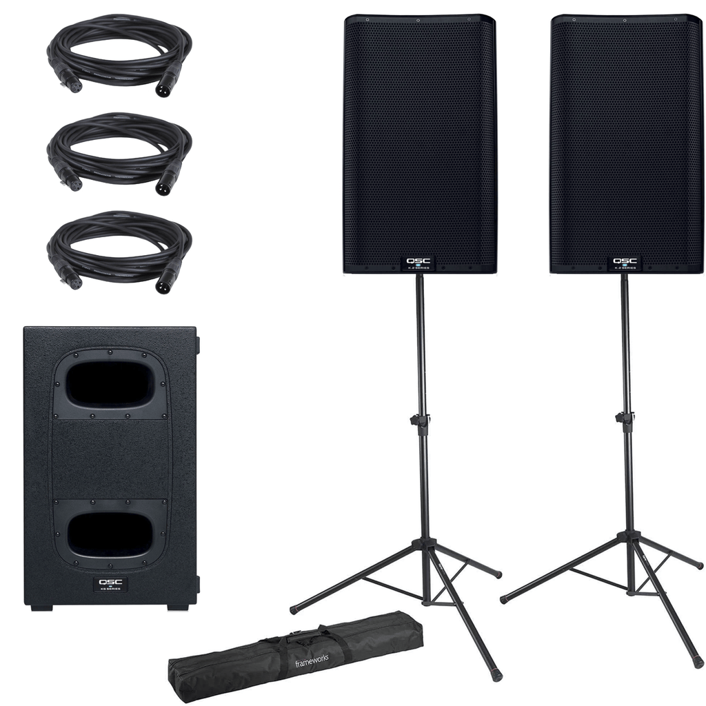 QSC K12.2 Powered Speakers (x2) & KS112 Subwoofer with Gator Stands ...