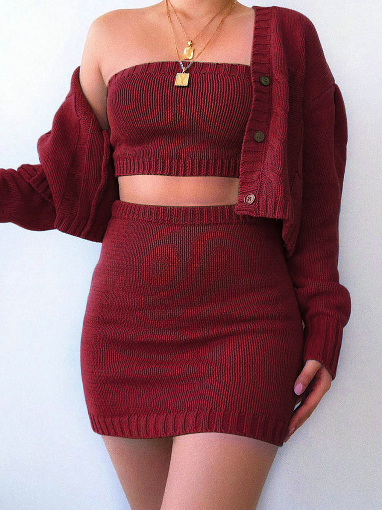 3 Piece Burgundy knitted sleeveless off-shoulder Crop top, mini skirt and cardigan