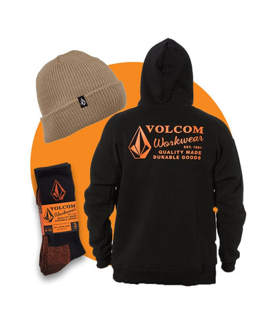 volcom black hoodie, khaki beanie and socks