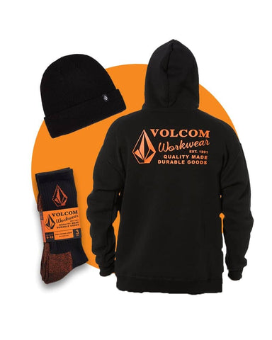 Volcom black hoodie, black beanie and 3pk black/orange socks