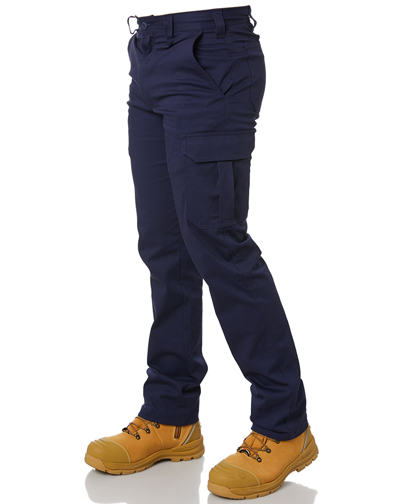 Ladies flat front poly cotton cargo work pants in navy blue