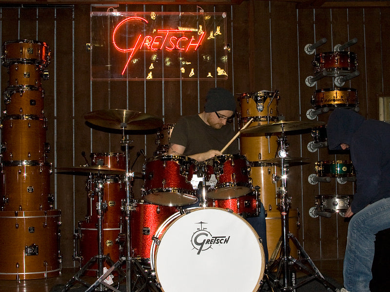 Wez playing Gretsch Catalina Club drum kit and Andy on the LP Cajon