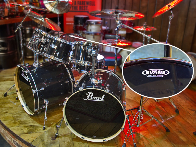 Pearl double bass drum kit at drumshop UK with Evans black Hydraulic drum heads