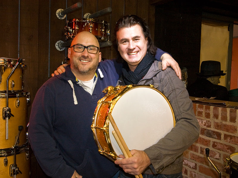 Andy Anderson and Paul White with his new Craviotto snare drum from Drumshop UK