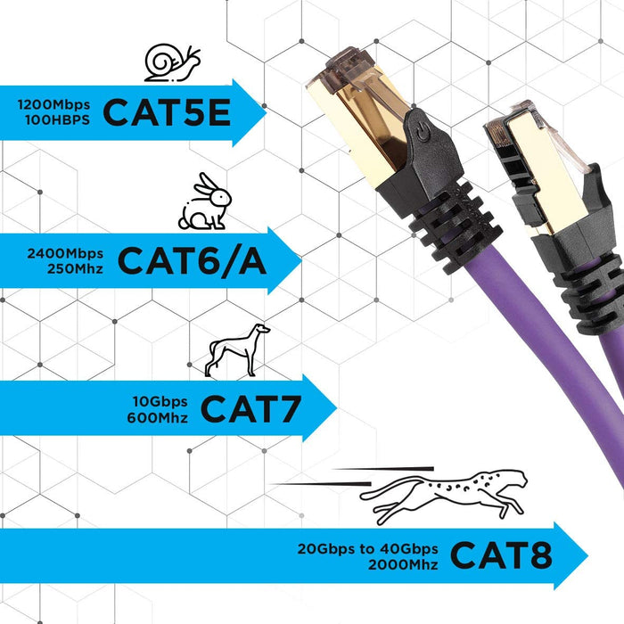 Duronic Câble Ethernet CAT8 PE Mauve 1 M | S/FTP paire torsadée écrantée et blindée | Bande passante 2GHz / 2000 MHz | Transmission des données 40 Gigabits | Connecteurs RJ45 en or avec manchon