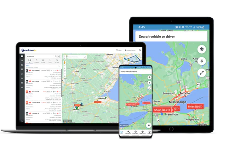 Trackem GPS tracking application on 3 different platforms: a laptop computer, a mobile tablet and a smart phone.