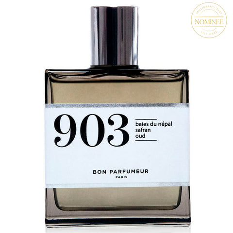 Bon Parfumeur's 903 fragrance in a square bottle made of dark glass with a white label reading 903 in black serif font