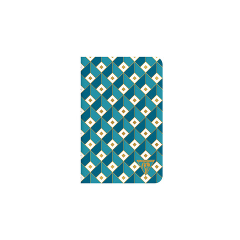 One of Clairefontaine's Neo Deco notebooks, with an isometric geometric design that creates the illusion of 3D cubes in shades of teal and aquamarine