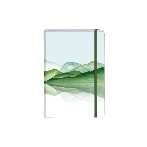 Clairefontaine's La Vie En Vosges Hardcover Notebook, featuring a watercolour illustration of a mirror lake at the foot of a mountain, reflecting the landscape