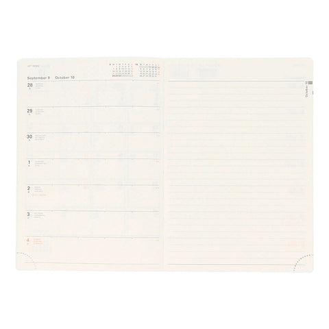 Delfonics' Type B layout, with the weekdays laid out in stacked rows on the left page, and a ruled notebook page on the right side