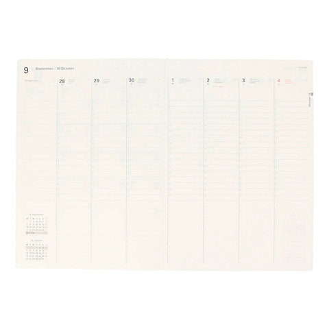 Delfonics' Type C layout, with the days of the week arranged across a two-page spread in columns featuring hourly markings for your schedule