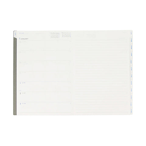 Delfonics' Type Bx layout features weekdays in stacked rows on the left, and a ruled notebook page on the right, along with tabs down the sides for each month