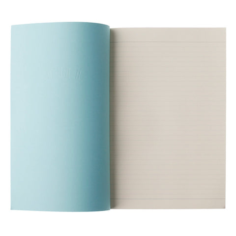 Life Stationery's Noble Note A4 ruled notebook, with the light blue cover open to reveal the creamy pages inside