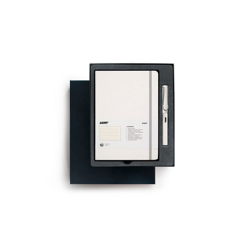 LAMY's Safari Fountain Pen and Notebook Gift Set in White, presented in a fitted black gift box